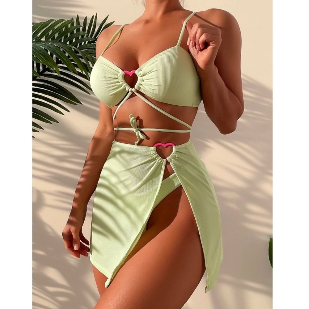 SHEIN Lime Triangle Bikini Pink Heart O Ring 3 Piece Set With Skirt Large